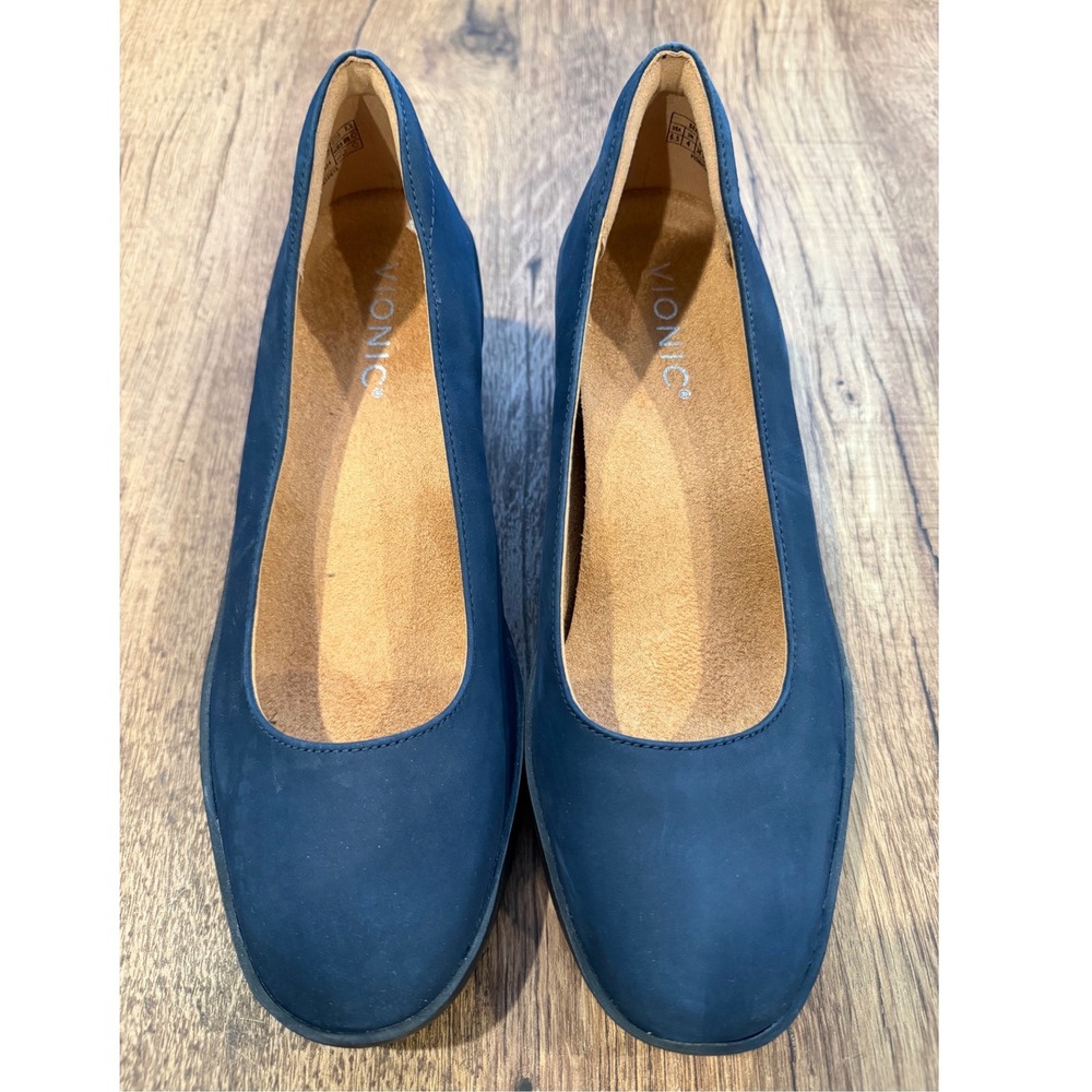 Vionic Sereno Navy‎ Blue Suede Wedge Heels Womens Size 6.5 Comfort Shoes